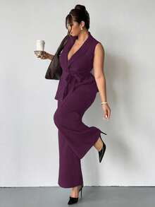 Firerie Plus Size Women Dark Purple Summer Elegant Formal Work 2 Pieces Set Sleeveless Shawl Collar Belted Blazer And Pants Suits Classy Maternity Clothes - Purple - View 9