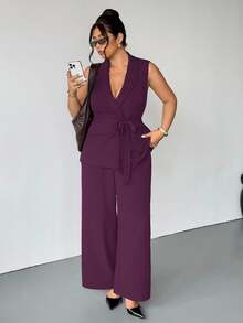 Firerie Plus Size Women Dark Purple Summer Elegant Formal Work 2 Pieces Set Sleeveless Shawl Collar Belted Blazer And Pants Suits Classy Maternity Clothes - Purple - View 3