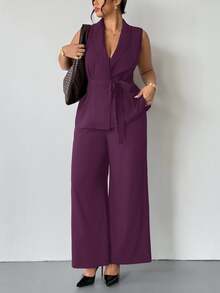 Firerie Plus Size Women Dark Purple Summer Elegant Formal Work 2 Pieces Set Sleeveless Shawl Collar Belted Blazer And Pants Suits Classy Maternity Clothes - Purple - View 7
