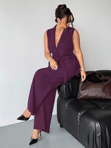 Firerie Plus Size Women Dark Purple Summer Elegant Formal Work 2 Pieces Set Sleeveless Shawl Collar Belted Blazer And Pants Suits Classy Maternity Clothes - Purple - View 2