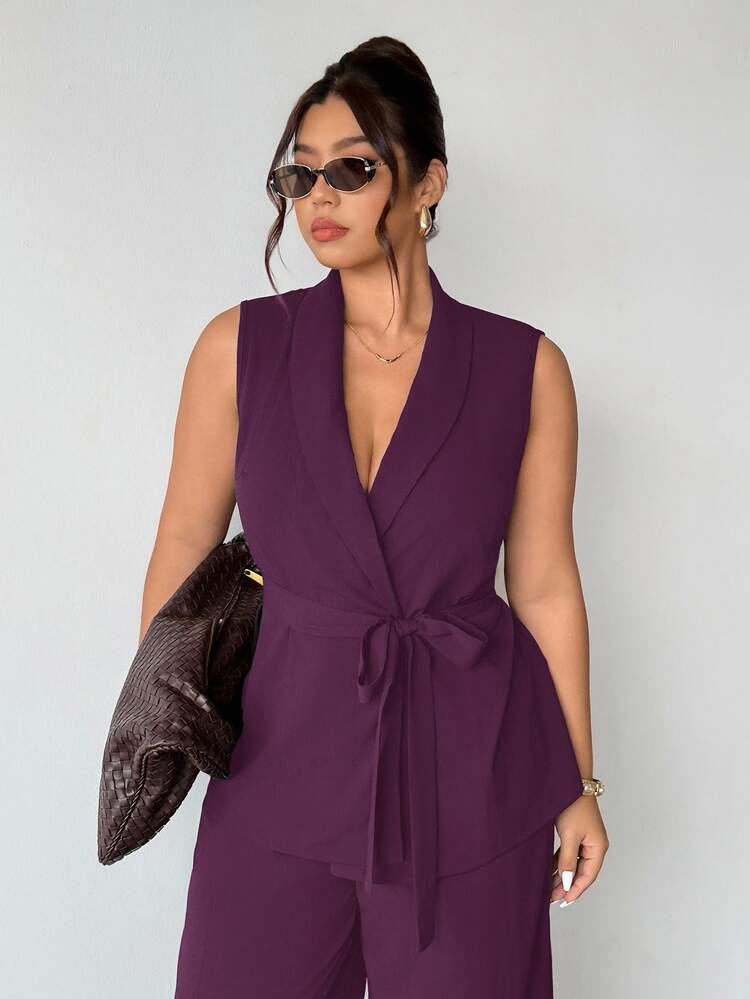 Firerie Plus Size Women Dark Purple Summer Elegant Formal Work 2 Pieces Set Sleeveless Shawl Collar Belted Blazer And Pants Suits Classy Maternity Clothes - Purple - View 4