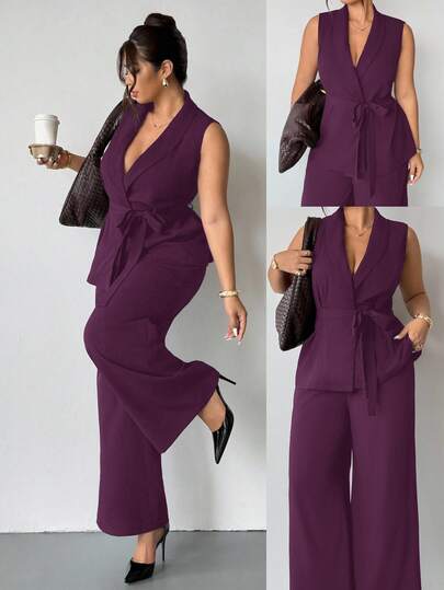 Firerie Conjunto de 2 piezas de talla grande para mujer con blazer sin mangas con cuello de chal y cinturón, y pantalones, conjunto informal marrón. Mono formal de 2 piezas de talla grande para mujer, conjunto de 2 piezas elegante de ropa de maternidad para otoño e invierno