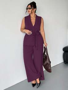 Firerie Plus Size Women Dark Purple Summer Elegant Formal Work 2 Pieces Set Sleeveless Shawl Collar Belted Blazer And Pants Suits Classy Maternity Clothes - Purple - View 5