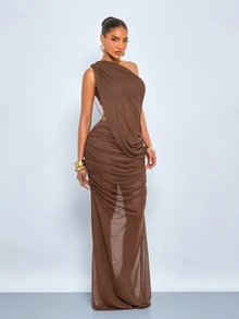 SOLERSUN Women's Coffee Brown Mesh Bodycon Maxi Dress,Elegant Summer One-Shoulder Asymmetrical Neck Ruched Mermaid Hem Evening Dress For Dining Wedding Guest - Brown - View 8