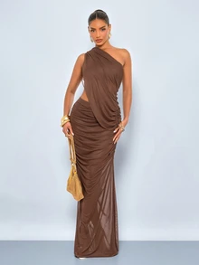 SOLERSUN Women's Coffee Brown Mesh Bodycon Maxi Dress,Elegant Summer One-Shoulder Asymmetrical Neck Ruched Mermaid Hem Evening Dress For Dining Wedding Guest - Brown - View 5
