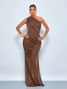 SOLERSUN Women's Coffee Brown Mesh Bodycon Maxi Dress,Elegant Summer One-Shoulder Asymmetrical Neck Ruched Mermaid Hem Evening Dress For Dining Wedding Guest - Brown - View 4