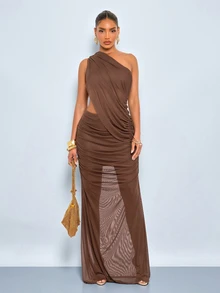 SOLERSUN Women's Coffee Brown Mesh Bodycon Maxi Dress,Elegant Summer One-Shoulder Asymmetrical Neck Ruched Mermaid Hem Evening Dress For Dining Wedding Guest - Brown - View 7