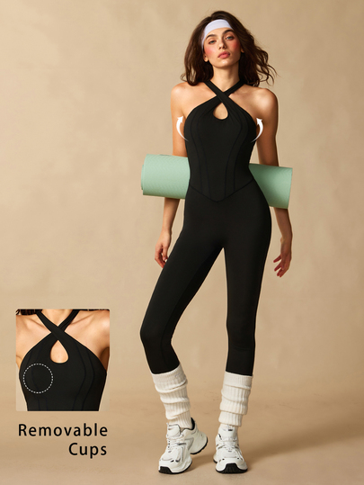VARSIVA Solid Color Backless Halter Neck Fitted Sports Jumpsuit