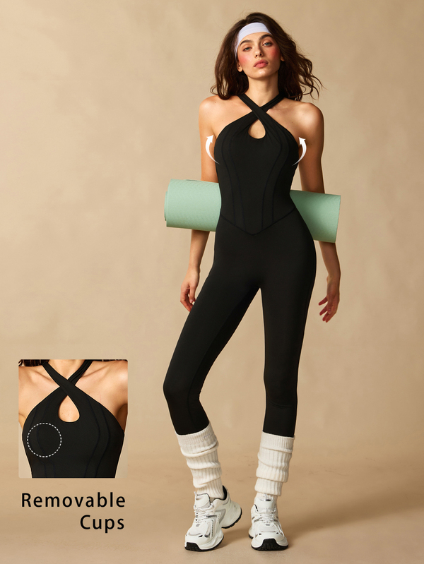 VARSIVA Solid Color Backless Halter Neck Fitted Sports Jumpsuit