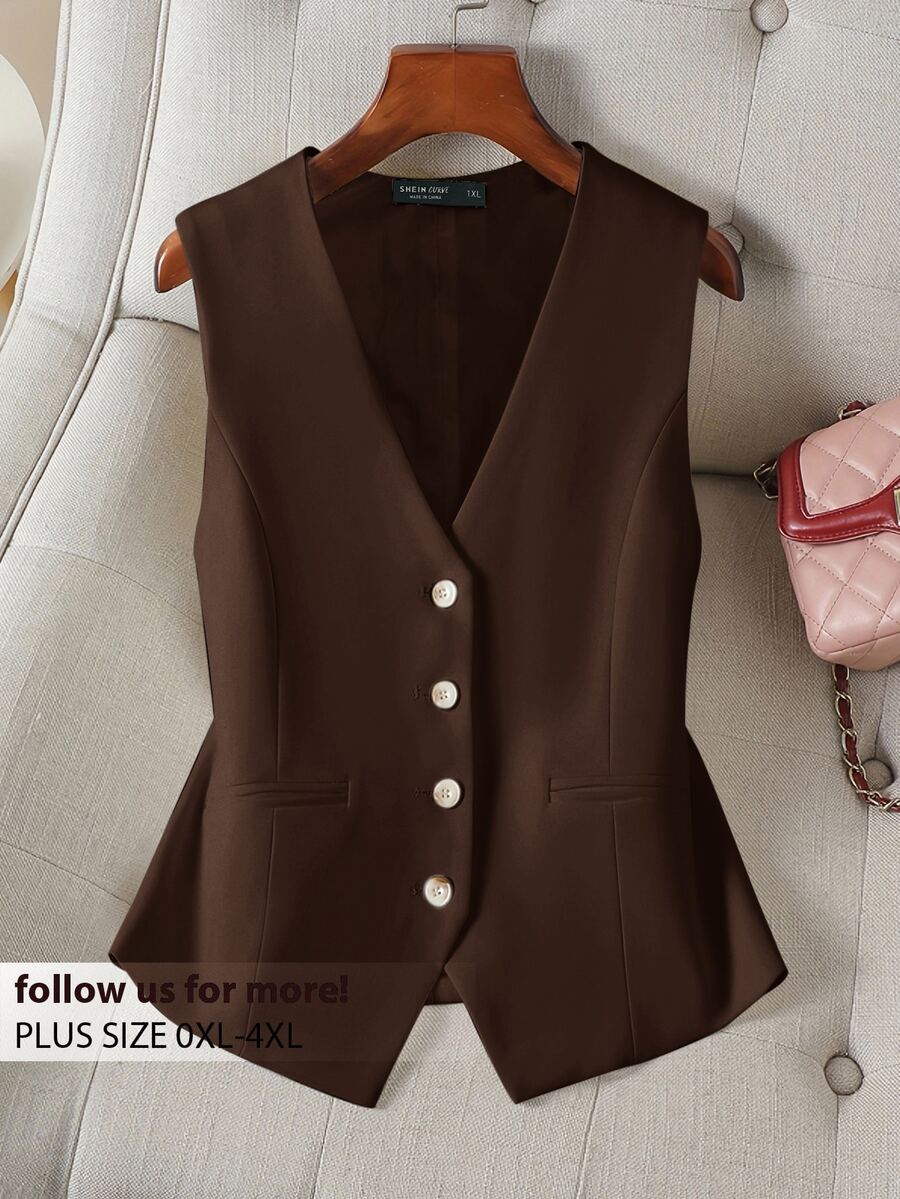 CosyJoli Plus Size Casual Elegant And Formal Solid Color Suit Vest In Summer/ Teachers' Day Office Brown