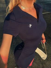 Sydney Algeri Navy Blue Rib-Knit Bodycon Mini Dress With Collar And Ruched Details Polo Dress Short Bodycon Dress Elegant - Navy Blue - View 6