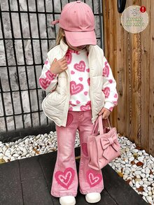 復古愛心印花 Chill Chill 少女休閒極簡寬鬆圓領長袖衛衣＋喇叭褲兩件套，適合秋冬街頭復古風，舒適隨性，兒童秋季疊穿，Y2K 運動套裝，適合出遊、街拍、校園 - 彩色 - 查看 2