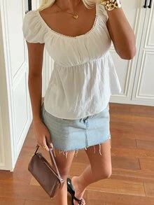 SHEIN EZwear 女款純色百褶休閒哥德風性感百搭日常通勤襯衫 早午餐度假 白色夏季 - 白色 - 查看 5