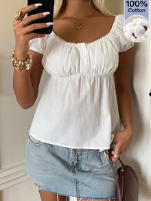 SHEIN EZwear 女款純色百褶休閒哥德風性感百搭日常通勤襯衫 早午餐度假 白色夏季 - 白色 - 查看 10