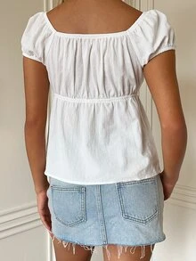 SHEIN EZwear 女款純色百褶休閒哥德風性感百搭日常通勤襯衫 早午餐度假 白色夏季 - 白色 - 查看 2