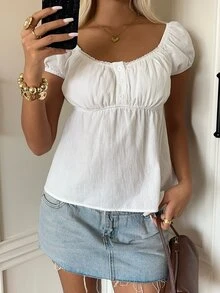 SHEIN EZwear 女款純色百褶休閒哥德風性感百搭日常通勤襯衫 早午餐度假 白色夏季 - 白色 - 查看 3