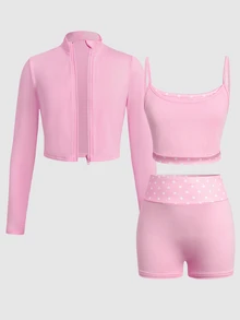 SHEIN Tween女孩休閒日常百搭舒適拉鍊立領夾克 + 修身純色拼接粉色波點細肩帶背心 + 運動風單車褲 3件套 - 粉色 - 查看 2