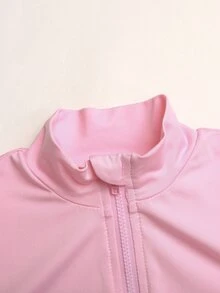 SHEIN Tween女孩休閒日常百搭舒適拉鍊立領夾克 + 修身純色拼接粉色波點細肩帶背心 + 運動風單車褲 3件套 - 粉色 - 查看 8