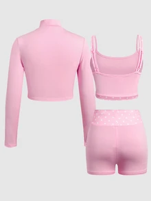 SHEIN Tween女孩休閒日常百搭舒適拉鍊立領夾克 + 修身純色拼接粉色波點細肩帶背心 + 運動風單車褲 3件套 - 粉色 - 查看 4