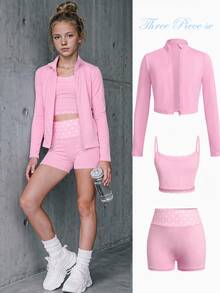 SHEIN Tween女孩休閒日常百搭舒適拉鍊立領夾克 + 修身純色拼接粉色波點細肩帶背心 + 運動風單車褲 3件套 - 粉色 - 查看 1