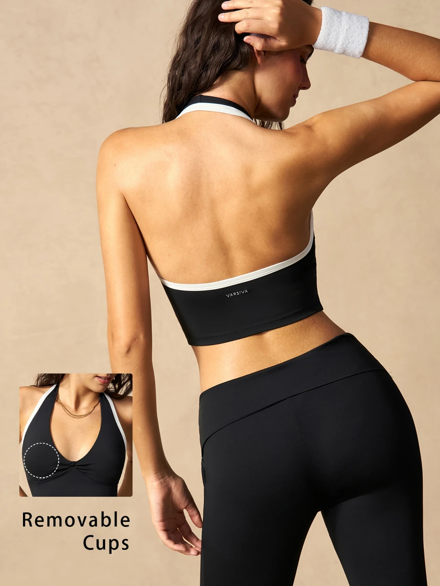VARSIVA Women's Piped Halter Neck Everyday Fitness Sports Bra - Black and White - View 1