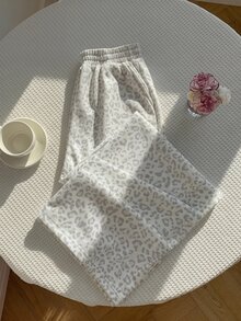 CovetEZ 女款休閒棉質寬腿褲－白色豹紋（秋冬居家服）－百搭時尚居家休閒褲 - 灰色 - 查看 4