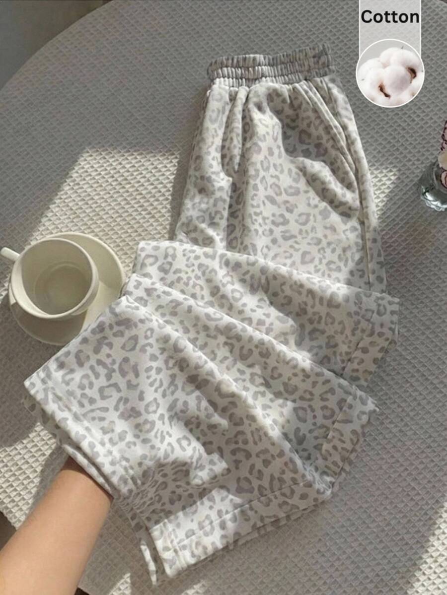 CovetEZ 女款休閒棉質寬腿褲-白色豹紋(秋冬居家服)-百搭時尚居家休閒褲 - 灰色 - 查看 1