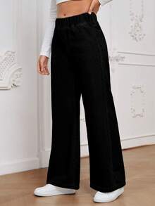 EMERY ROSE Women's Casual Streetwear All-Match High Waist Wide Leg Loose Woven Denim Pants, Versatile For Summer Everyday Black - Black - View 4