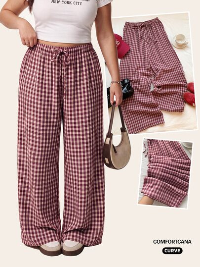 Comfortcana Women's Plus Size Gingham Wide Leg Pants, White Summer Kawaii Burgundy Plaid Casual Vacation Bottoms, Cottagecore Loose Drawstring Tie Waist Wedding