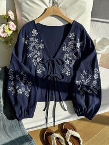 Comfortcana 大尺碼女款花卉刺繡前綁帶襯衫，秋季海軍藍上衣，長袖早午餐約會之夜度假波希米亞休閒哥德風90年代 - 藏蓝色 - 查看 5