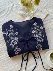 Comfortcana 大尺碼女款花卉刺繡前綁帶襯衫，秋季海軍藍上衣，長袖早午餐約會之夜度假波希米亞休閒哥德風90年代 - 藏蓝色 - 查看 6