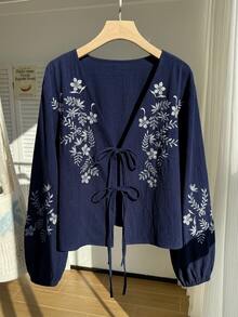 Comfortcana 大尺碼女款花卉刺繡前綁帶襯衫，秋季海軍藍上衣，長袖早午餐約會之夜度假波希米亞休閒哥德風90年代 - 藏蓝色 - 查看 1