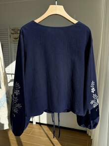 Comfortcana 大尺碼女款花卉刺繡前綁帶襯衫，秋季海軍藍上衣，長袖早午餐約會之夜度假波希米亞休閒哥德風90年代 - 藏蓝色 - 查看 2