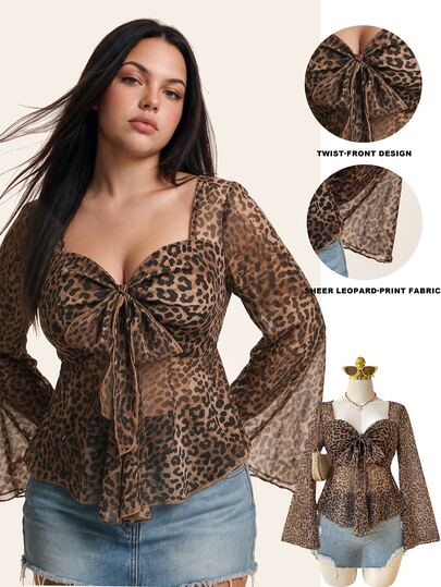 Comfortcana Plus Size Women Vintage Sexy Leopard Print Puff Sleeve Crew Neck Top, Summer/, Clothes For Women Vacation Rave Going Out Chocolate Brown