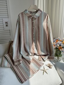 Comfortcana 大码女式休闲条纹长袖衬衫和裤子套装 - 藍色 - 查看 5