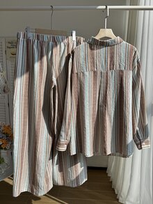 Comfortcana 大码女式休闲条纹长袖衬衫和裤子套装 - 藍色 - 查看 2