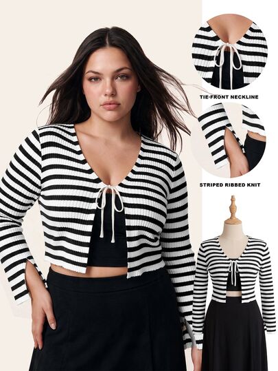 Comfortcana Große Größen Lässig Eleganza Eleganter Allover Weiß Streifen Vorderseite Bindung Langarm Strickjacke, Frühling/Herbst Winter Dates Hochzeitsgast