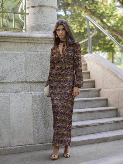 Nöista Deep Purple Print Maxi Dress With A-Line Silhouette. Fall, Party, Going Out And Elegant Style.