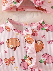 SHEIN 新生女嬰萬聖節南瓜蝴蝶結糖果印花粉色長袖連身衣，附腳套設計與蝴蝶結帽子，可愛秋季羅紋針織荷葉邊連身衣，適合日常居家與戶外穿著 - 粉色 - 查看 6
