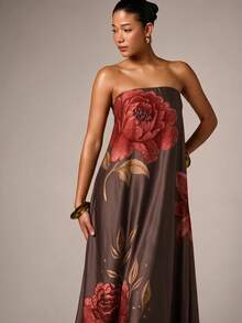 AiiRZ Strapless Maxi Dress With Large Rose Embroidery Floral Motif Satin Finish Flowy A-Line Silhouette Evening Occasion Gown - Chocolate Brown - View 4
