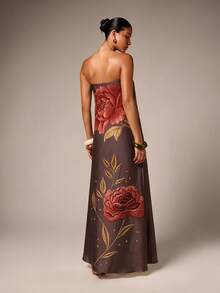 AiiRZ Strapless Maxi Dress With Large Rose Embroidery Floral Motif Satin Finish Flowy A-Line Silhouette Evening Occasion Gown - Chocolate Brown - View 2