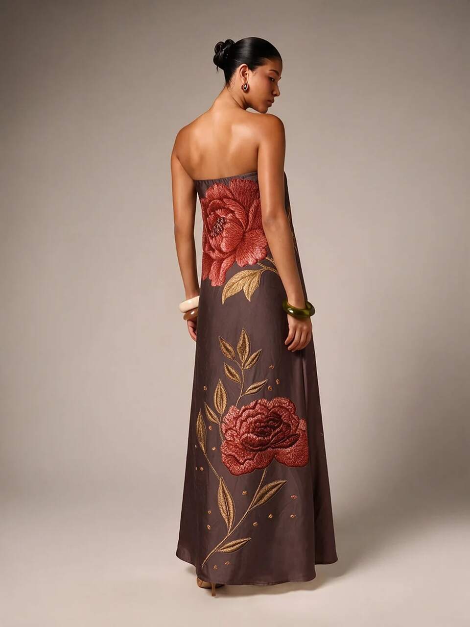 AiiRZ Strapless Maxi Dress With Embroidered Floral Rose Motif