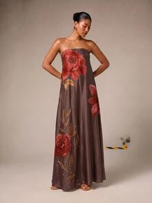 AiiRZ Strapless Maxi Dress With Large Rose Embroidery Floral Motif Satin Finish Flowy A-Line Silhouette Evening Occasion Gown - Chocolate Brown - View 3