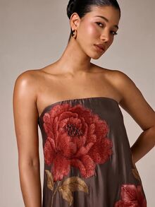 AiiRZ Strapless Maxi Dress With Large Rose Embroidery Floral Motif Satin Finish Flowy A-Line Silhouette Evening Occasion Gown - Chocolate Brown - View 5