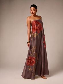 AiiRZ Strapless Maxi Dress With Large Rose Embroidery Floral Motif Satin Finish Flowy A-Line Silhouette Evening Occasion Gown - Chocolate Brown - View 1