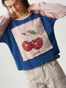 Bohemela 女款字母與櫻桃印花休閒百搭日常穿著T恤 - 彩色 - 查看 2