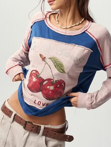 Bohemela 女款字母與櫻桃印花休閒百搭日常穿著T恤 - 彩色 - 查看 1