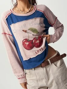 Bohemela 女款字母與櫻桃印花休閒百搭日常穿著T恤 - 彩色 - 查看 3
