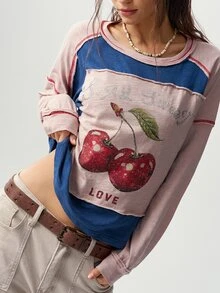 Bohemela 女款字母與櫻桃印花休閒百搭日常穿著T恤 - 彩色 - 查看 5