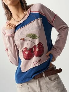 Bohemela 女款字母與櫻桃印花休閒百搭日常穿著T恤 - 彩色 - 查看 6